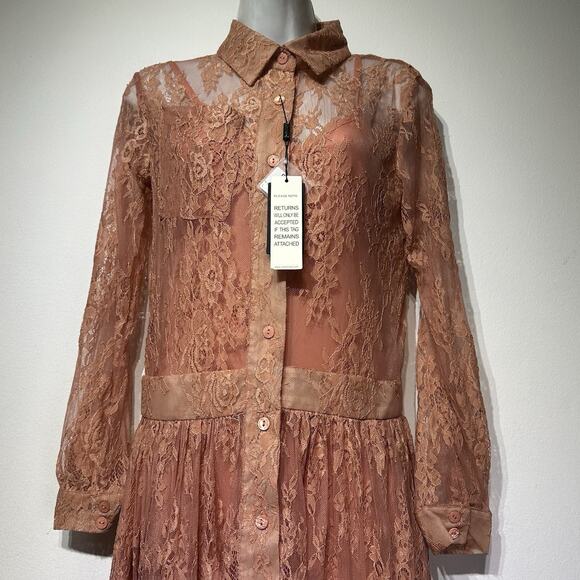 j ing limited pink sheer lace long sleeve button front lined Maxi Dress Size S - Picture 10 of 12